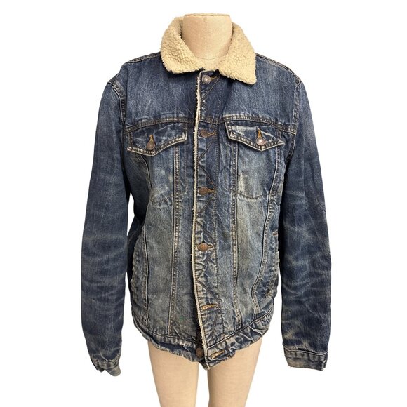 Aeropostale Denim Sherpa Jacket Upcycled Rolling Stones Hand Painted Graphic Art - Picture 2 of 13